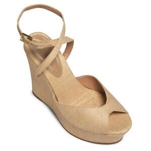 Schutz Neith Raffia Wedge Sandal Womens 10.5 Beige Ankle Strap Platform Peep Toe